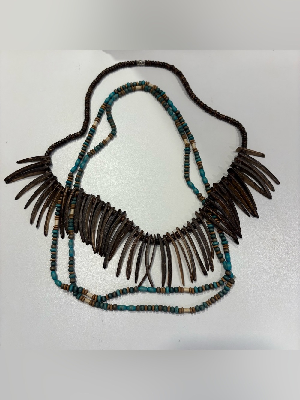 VTG Boho Tribal Layering Necklaces Lot Wood Bead Carved Coconut Spike Statement.